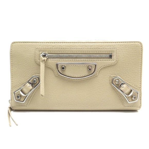 BALENCIAGA Metallic Edge Zip Around Wallet Beige Sahara - Silver NEW - Picture 1 of 5
